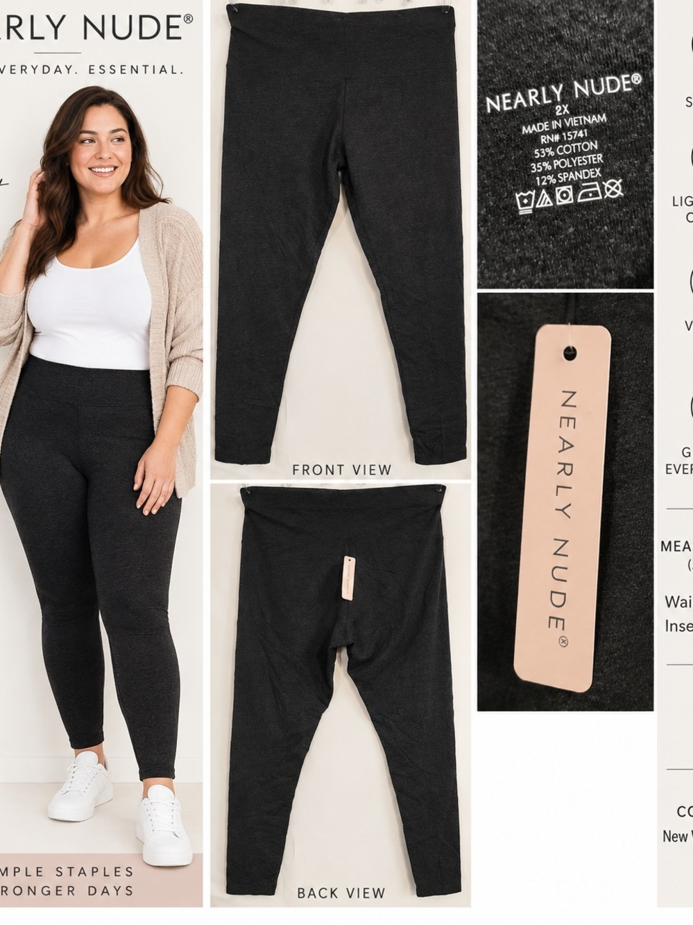 Nearly Nude 2X Charcoal Gray Stretch Leggings Pull On Pants NWT